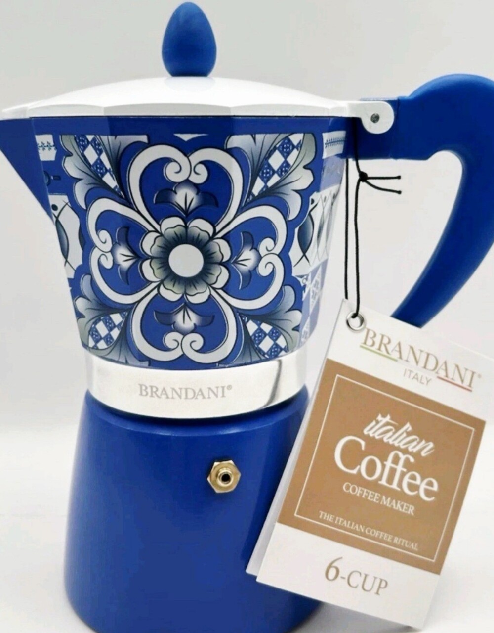 NEW Brandani 6 Cup Esptesso Coffee Maker Aluminum Moka Pot Sicilian Pattern Blue